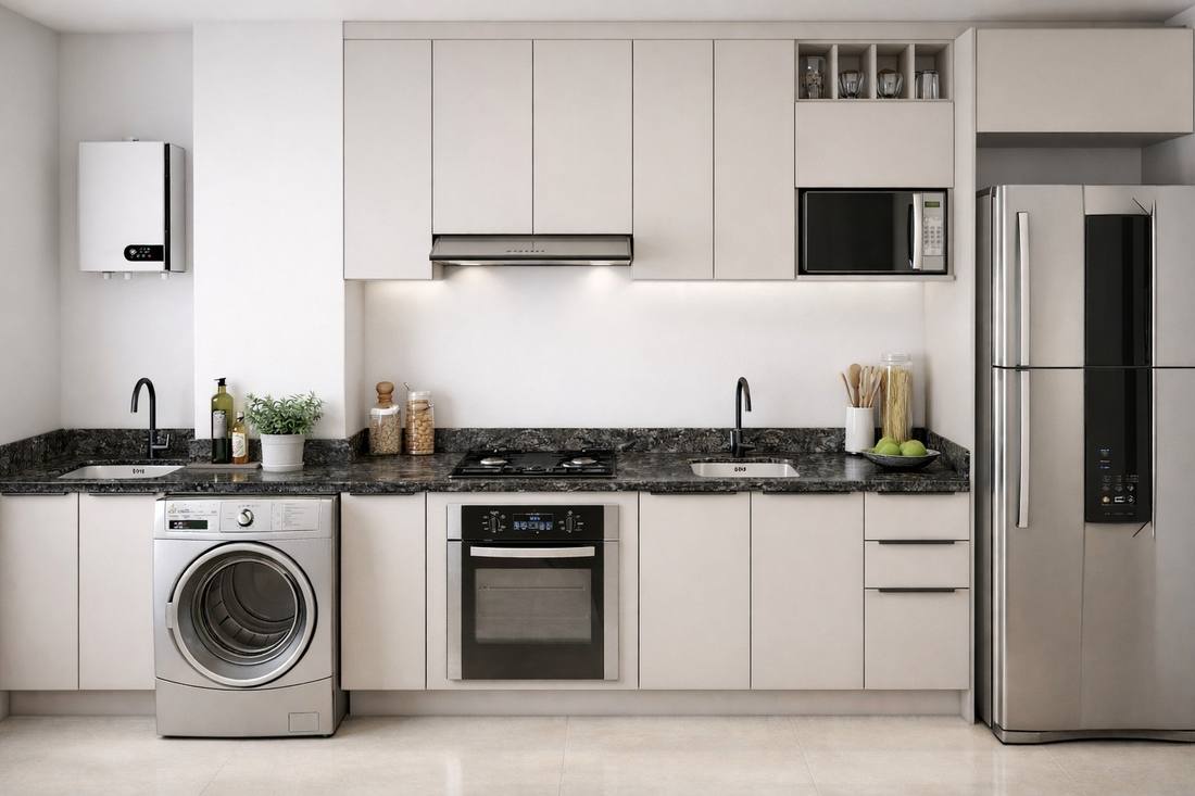 Cozinha planejada com área de serviço integrada