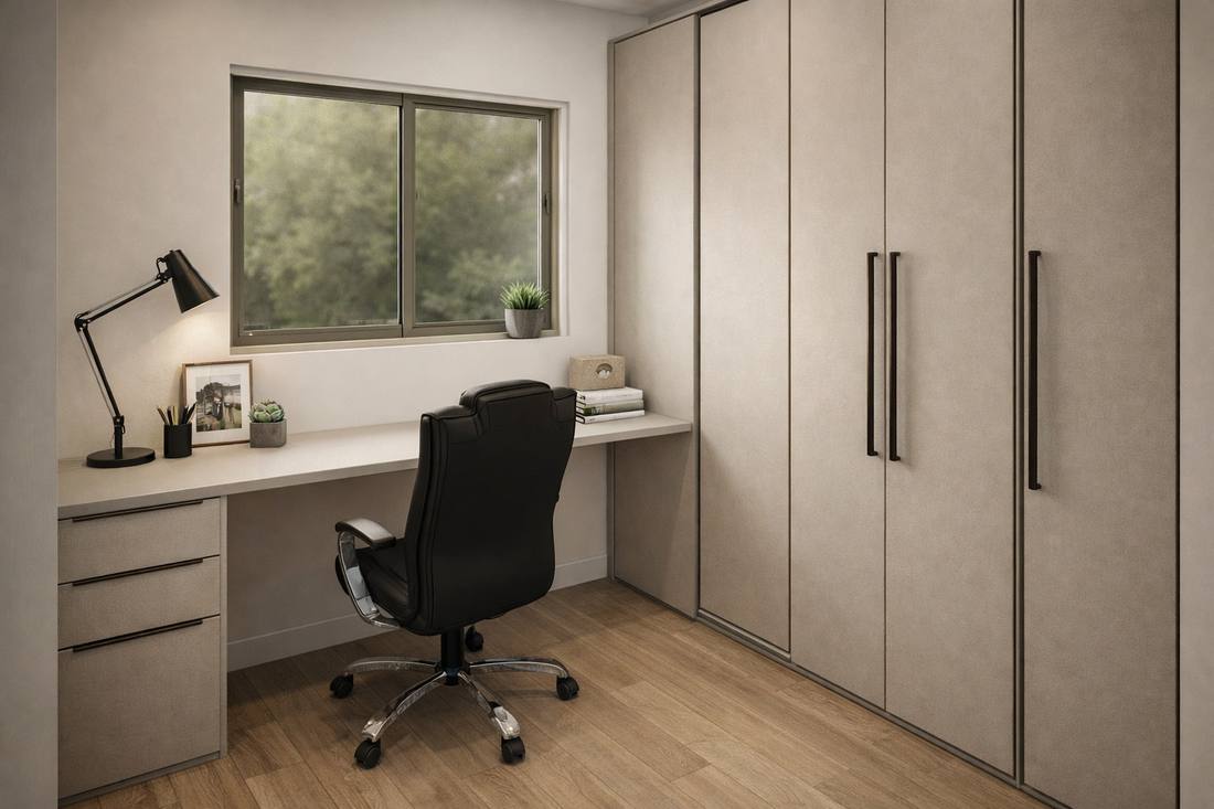 Home office planejado com guarda-roupa