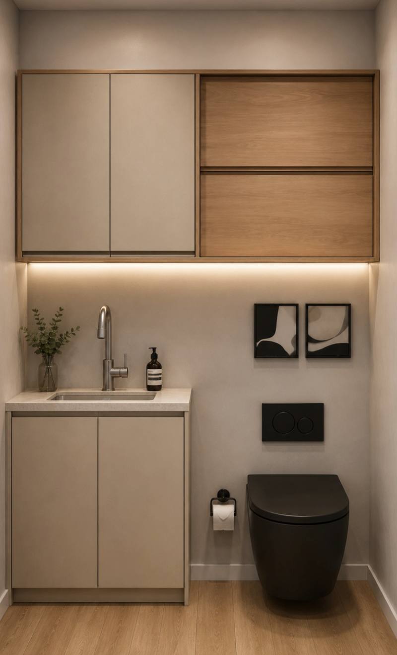 Lavabo planejado com armários suspensos e iluminação