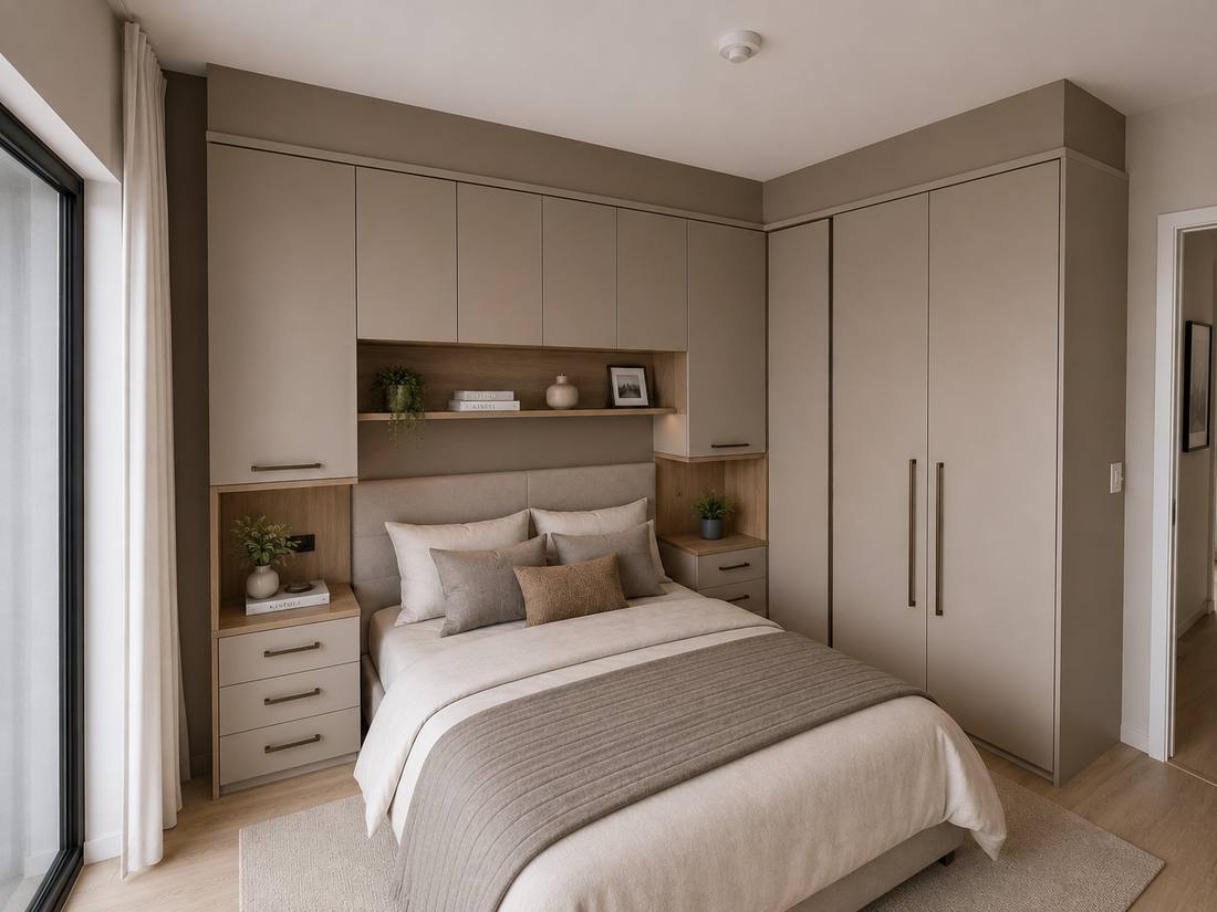 Quarto planejado com armários e cabeceira integrada